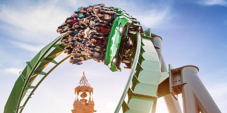 Universal Orlando things to do: image of people riding the Incredible Hulk Coaster at Universal Orlando Islands of Adventure