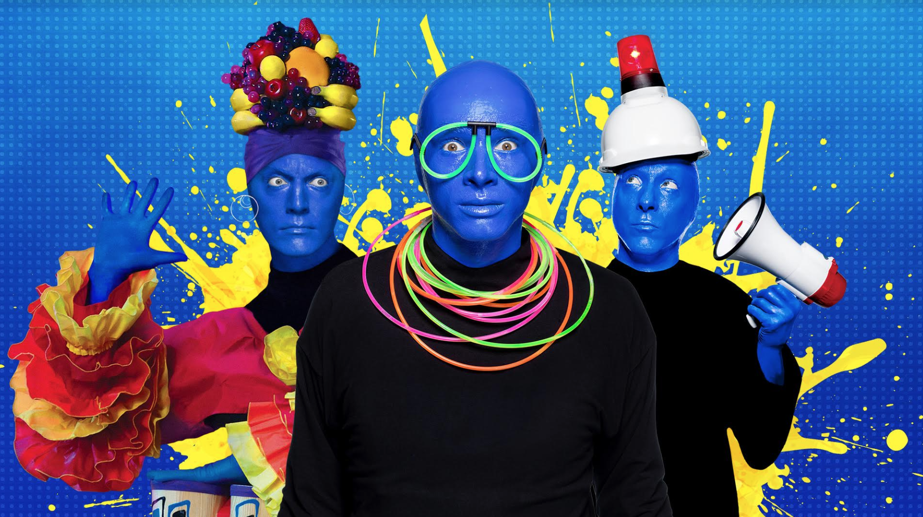 Blue Man Group Florida Resident discount: image of three blue performers from Blue Man Group in Orlando