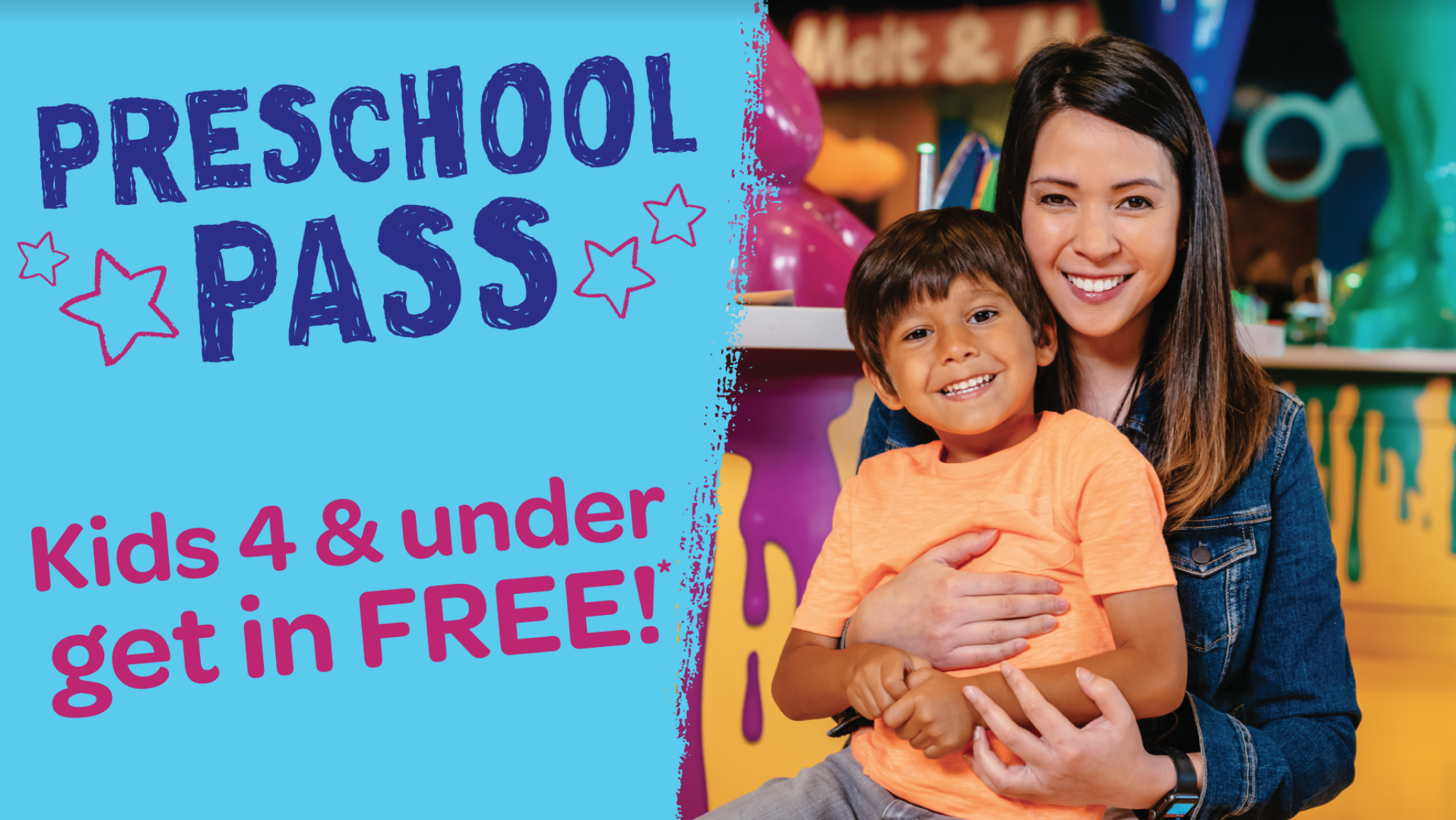 Crayola Experience Preschool Pass: graphic with mom and son showing that kids 4 and under get in FREE