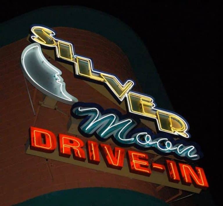 Drive-In movie theaters: image of Silver Moon Drive-In movie theater classic neon sign