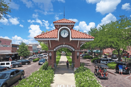 Date night ideas: image of downtown entrance with bike trails and brick lined streets in downtown Winter Garden