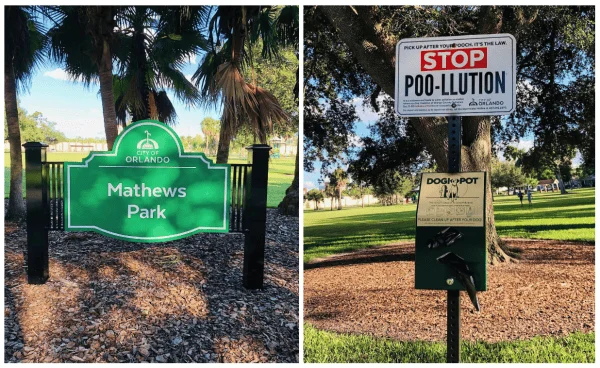 Places to bring your dog in Orlando: image of Mathew's Park sign and poo-llution area, a spot to bring your dog in Orlando