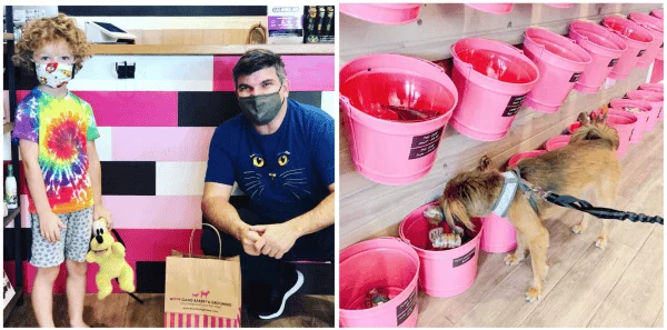 Dog shops and places to go in Orlando: image of customers shopping with their pets in Woofgang Bakery in Orlando Florida