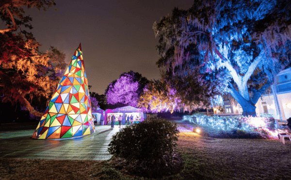 Holiday events and things to do in Orlando: image of lights and glass Christmas tree at Harry P. Leu Gardens Dazzling Nights event.